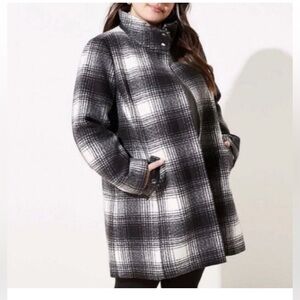 NEW Ann Taylor LOFT XL Wool Blend Coat Black White Plaid Funnel Neck Preppy